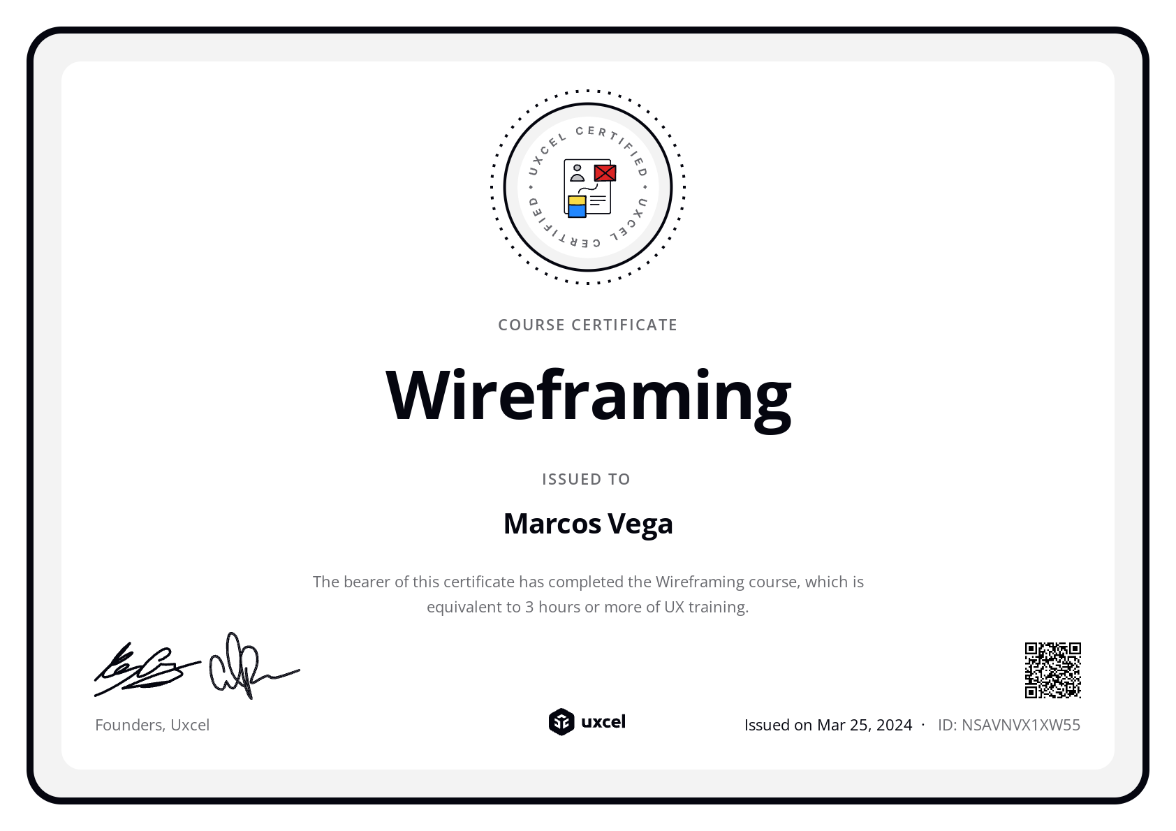 Marcos Vega's certificate
